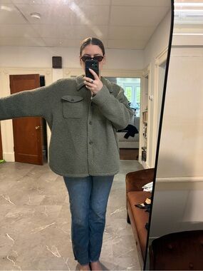 Olive Green Sherpa Shacket - Women’s Cozy Button-Up Jacket